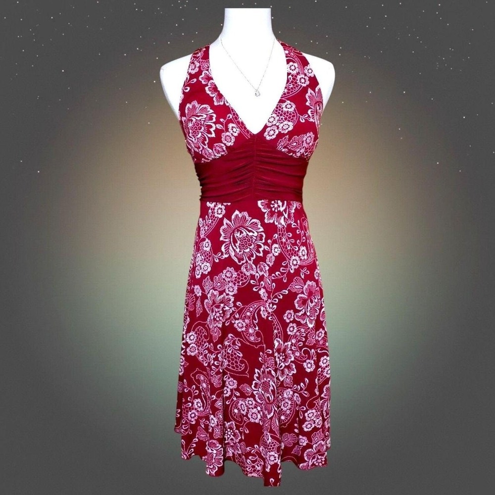 Vintage B Darlin Juniors 5/6 Halter Dress Red White Floral Empire Waist